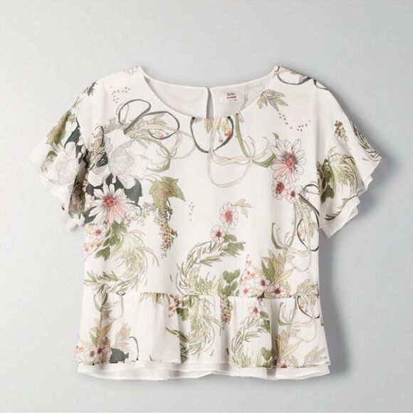Aritzia L Little Moon Ruffle Sleeve Floral Peplum Blouse White Green - Picture 14 of 16